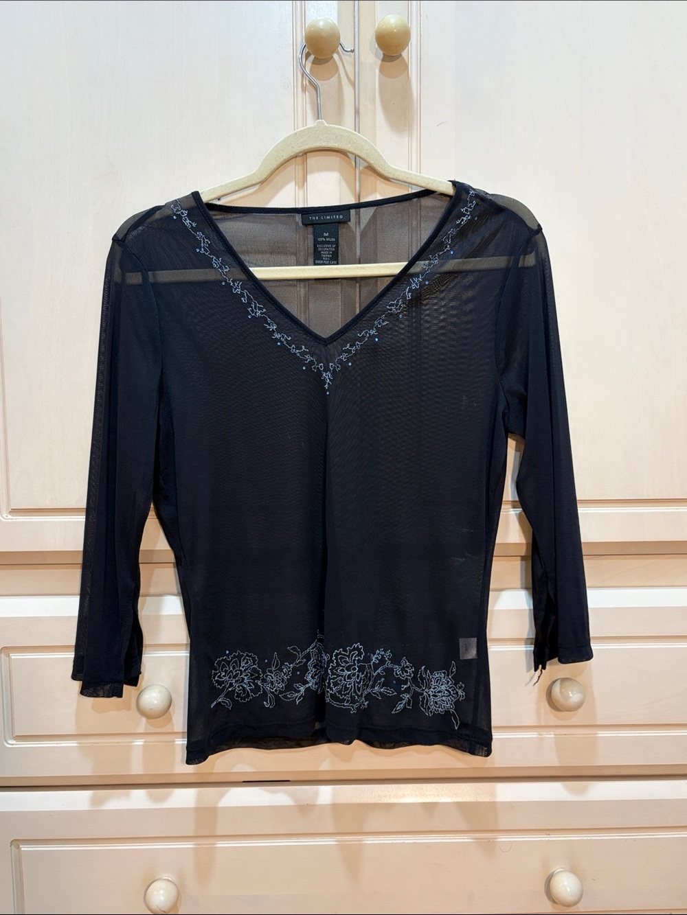 The Limited Black Sheer V-Neck Long Sleeve Top with Embroidered Floral Trim